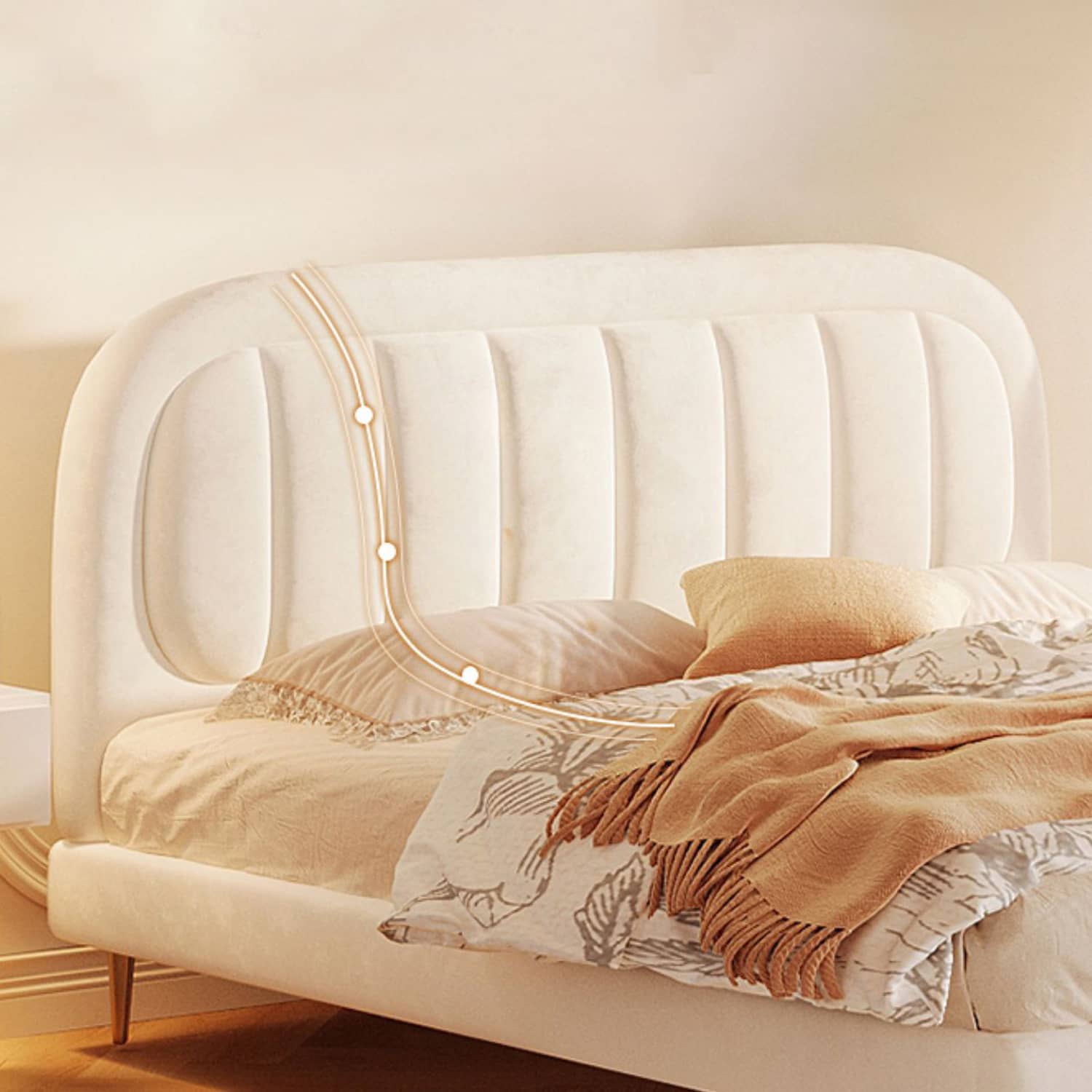 Elegant Beige Cotton Bed Frame with Pine Wood and Stainless Steel Accents fbby-1405
