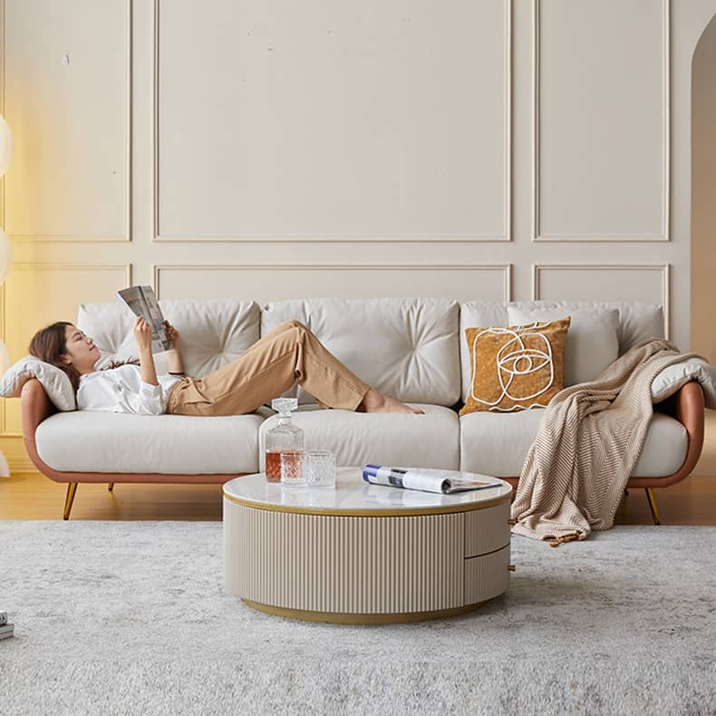 Luxurious Modern Sofa with Beige, Orange, Green, and Brown Accents - Solid Wood Frame and Stainless Steel Details - Premium Down and Cotton Blend Upholstery and Leathaire Finish fbby-1407