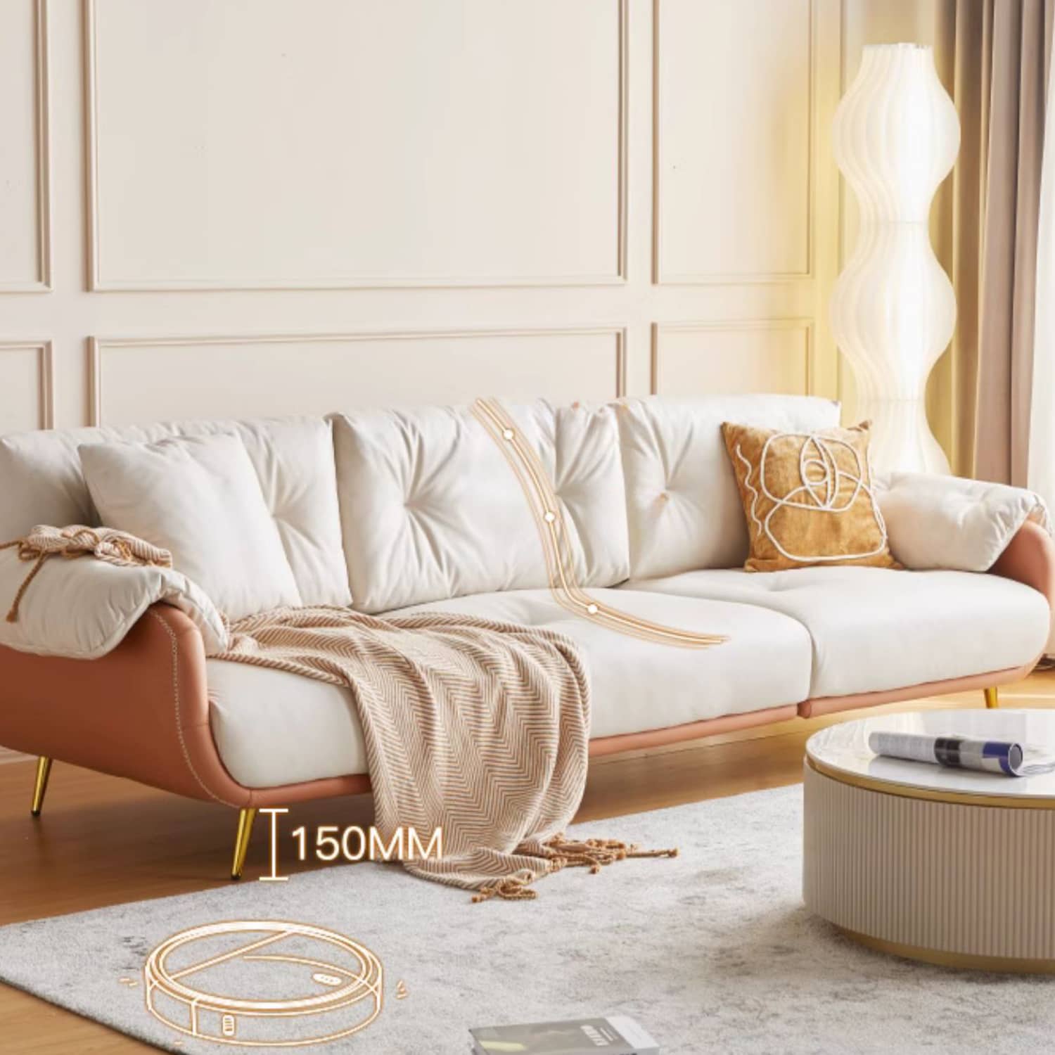 Luxurious Modern Sofa with Beige, Orange, Green, and Brown Accents - Solid Wood Frame and Stainless Steel Details - Premium Down and Cotton Blend Upholstery and Leathaire Finish fbby-1407
