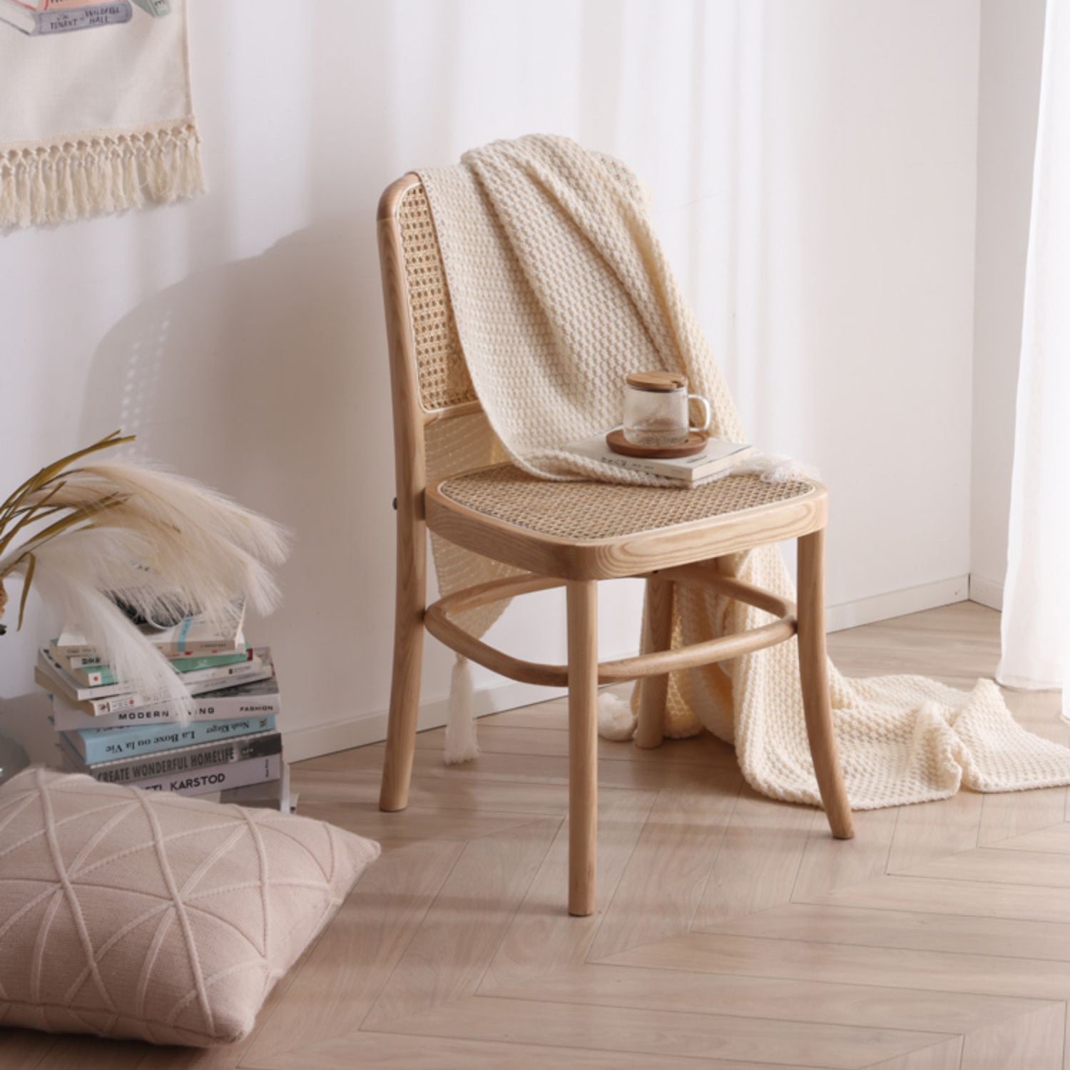 Elegant Natural Ash Wood Chair with Stylish Rattan Detailing fcf-1476