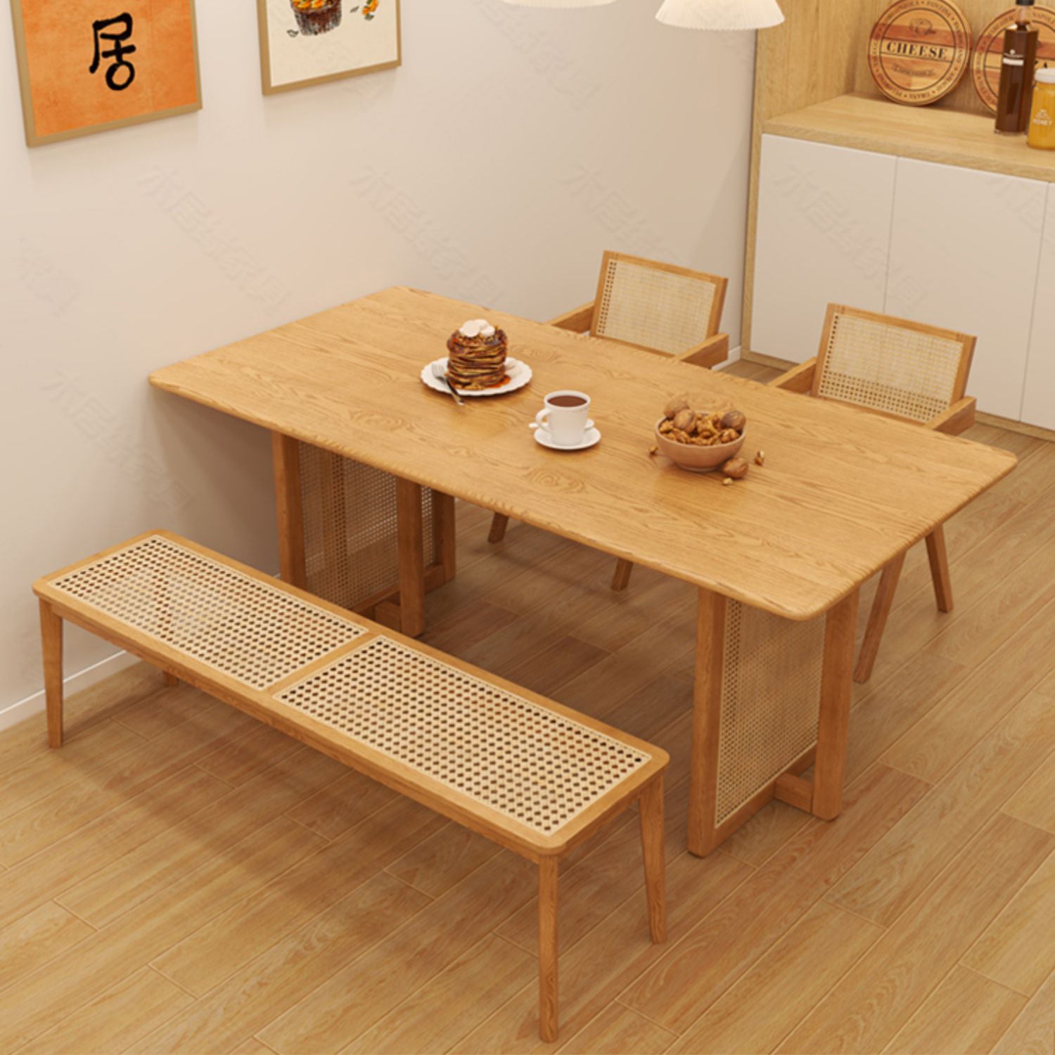 Elegant Brown Ash Wood Table with Rattan Details for Modern Living Spaces fcf-1494