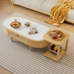 Modern White and Natural Brown Tea Table with Light Black Sintered Stone, Ash Wood, and Rattan Detailing fcf-297