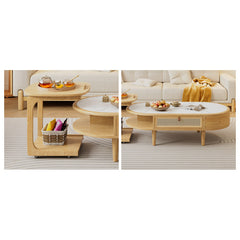 Modern White and Natural Brown Tea Table with Light Black Sintered Stone, Ash Wood, and Rattan Detailing fcf-297