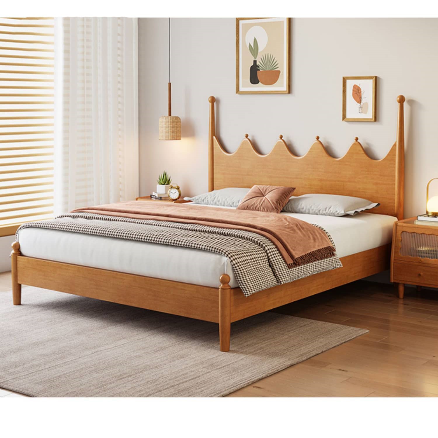 Stylish Natural Light Brown Rubber & Pine Solid Wood Bed Frame fcf-309