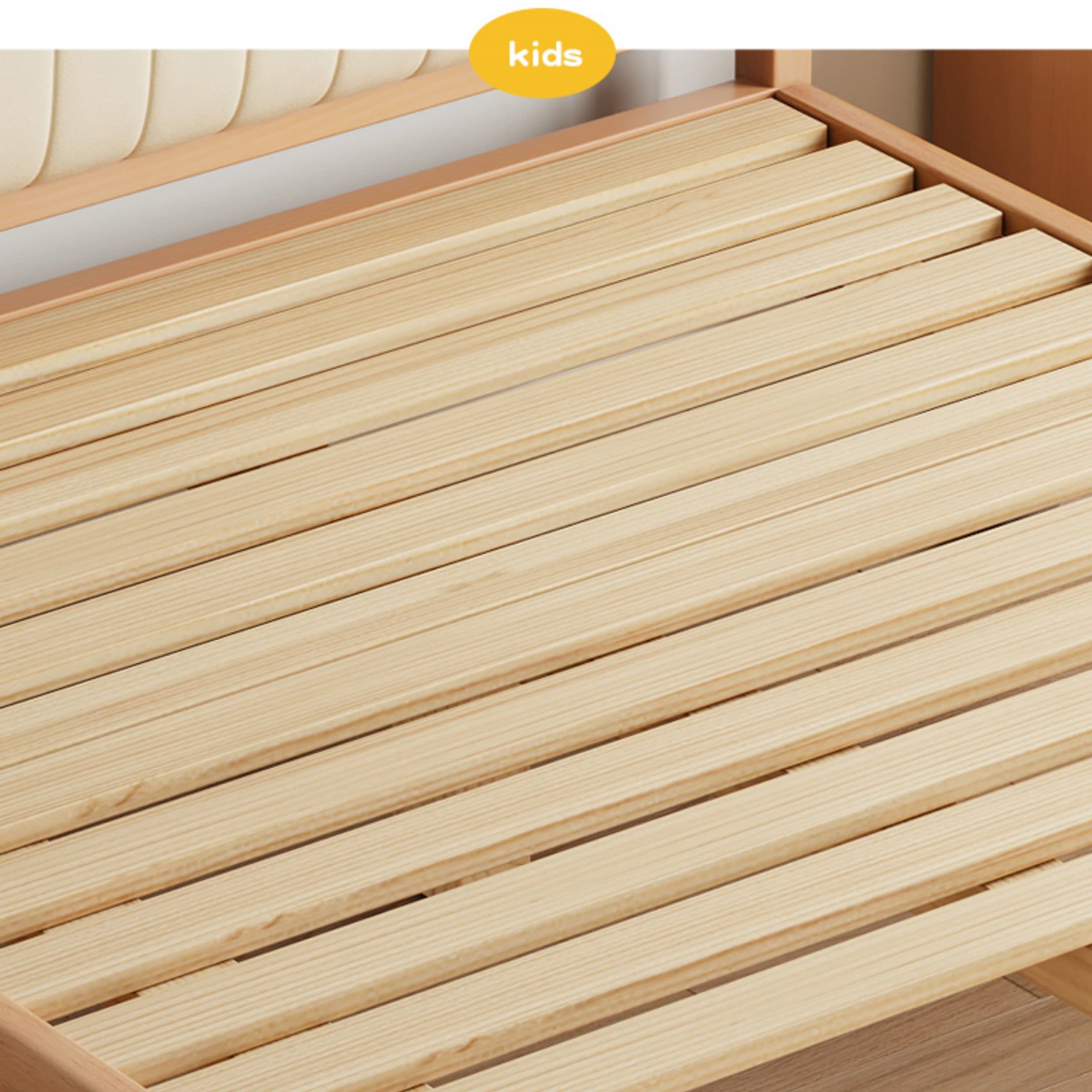Natural Wood Bed Frame with Beige Faux Leather - Pine & Zelkova Construction fcf-315
