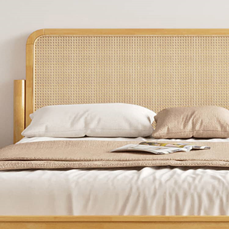 Elegant Natural Brown Solid Wood Bed with Rattan Headboard - Durable Pine and Rubber Wood Frame fcf-317