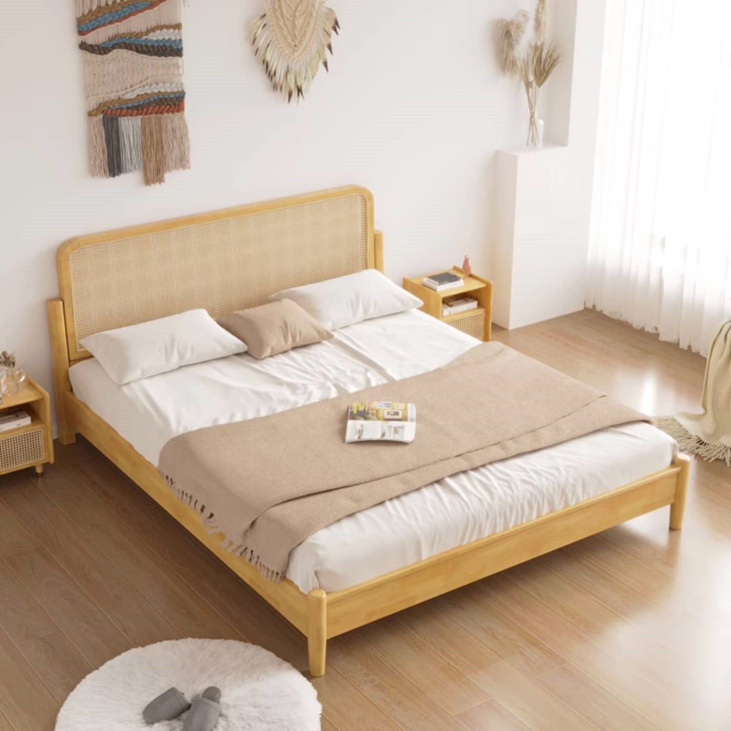 Elegant Natural Brown Solid Wood Bed with Rattan Headboard - Durable Pine and Rubber Wood Frame fcf-317