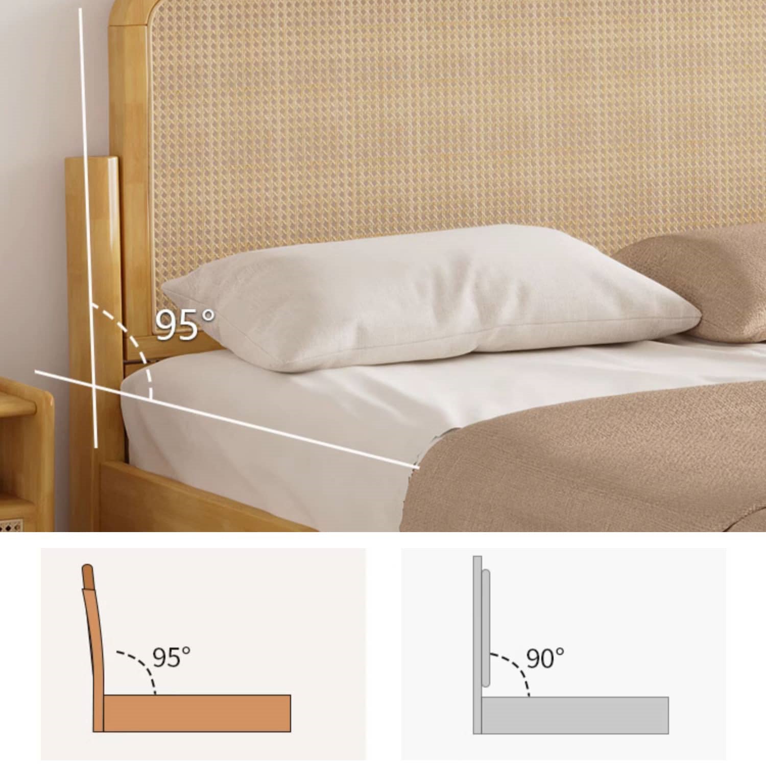 Elegant Natural Brown Solid Wood Bed with Rattan Headboard - Durable Pine and Rubber Wood Frame fcf-317