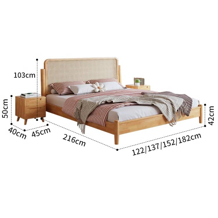 Elegant Natural Brown Solid Wood Bed with Rattan Headboard - Durable Pine and Rubber Wood Frame fcf-317