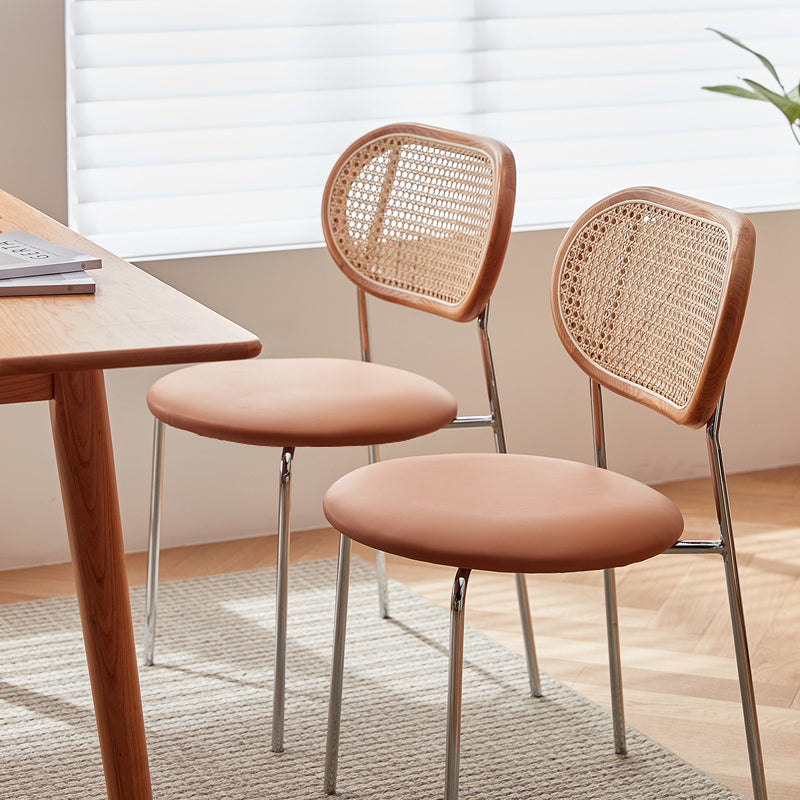 Stylish Light Brown Ash Wood Chair with Rattan Back and Faux Leather Seat fcp-1283