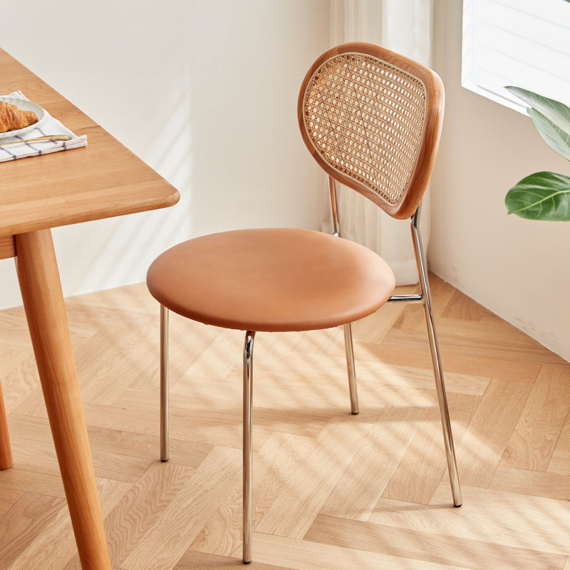 Stylish Light Brown Ash Wood Chair with Rattan Back and Faux Leather Seat fcp-1283