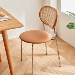 Stylish Light Brown Ash Wood Chair with Rattan Back and Faux Leather Seat fcp-1283