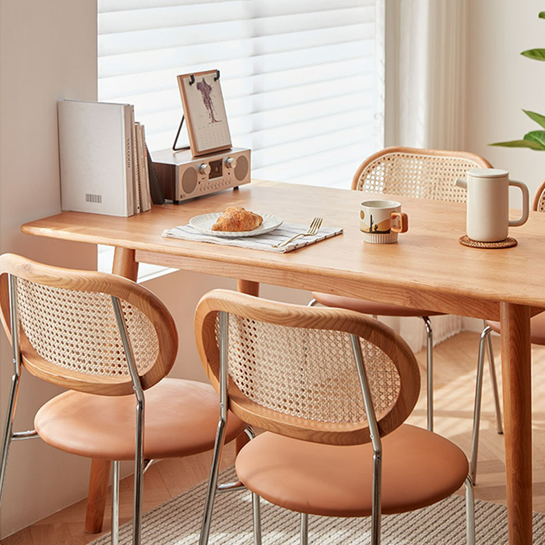 Stylish Light Brown Ash Wood Chair with Rattan Back and Faux Leather Seat fcp-1283