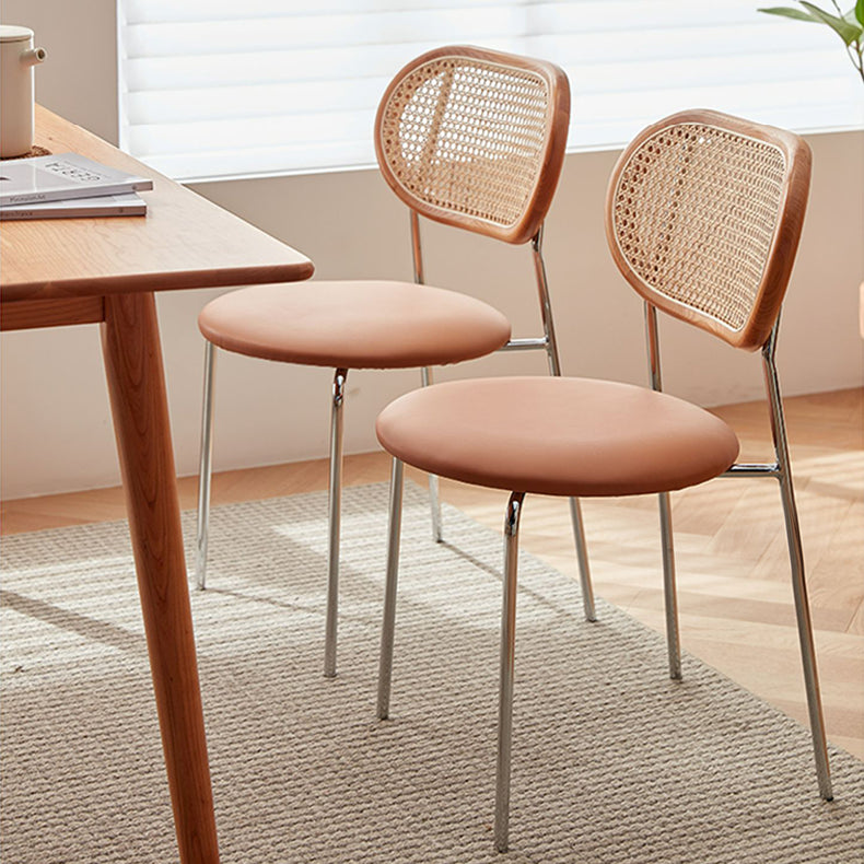 Stylish Light Brown Ash Wood Chair with Rattan Back and Faux Leather Seat fcp-1283