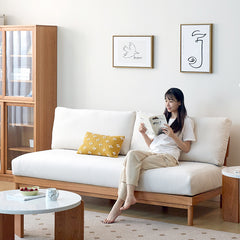Luxurious White & Gray Sofa with Cotton-Linen Blend and Cherry Wood Accents fcp-1287