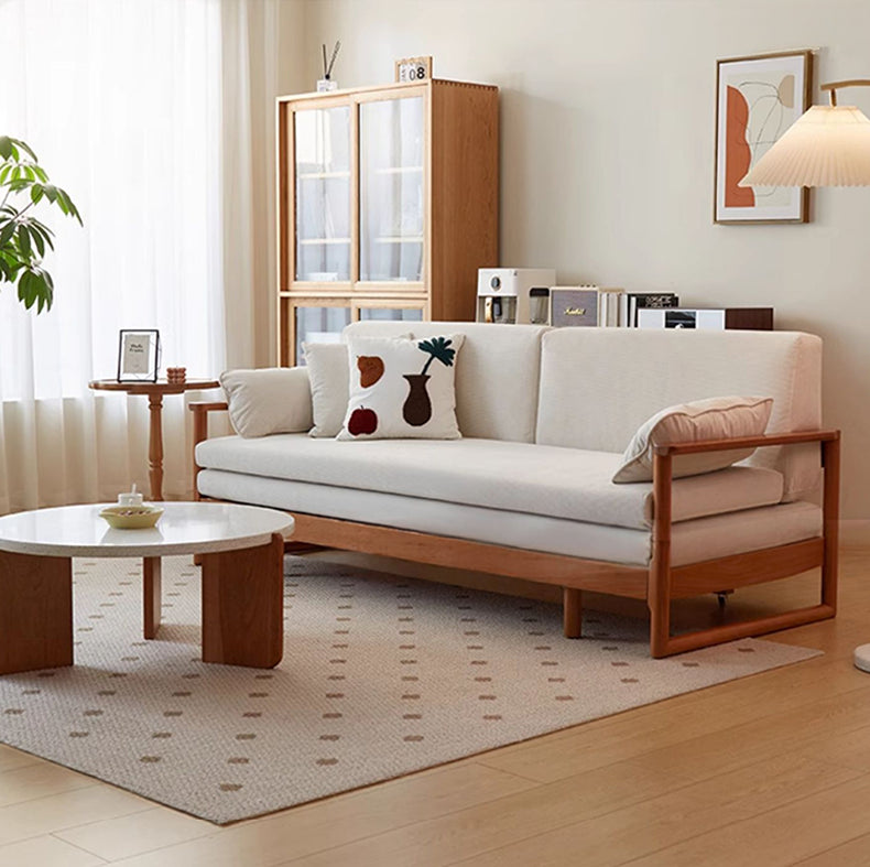 Elegant Corduroy Sofa in Beige, Green, and Gray with Cherry and Zelkova Wood Accents - Perfect for Modern Living Rooms fcp-1289