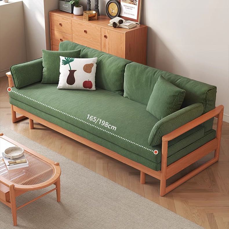 Elegant Corduroy Sofa in Beige, Green, and Gray with Cherry and Zelkova Wood Accents - Perfect for Modern Living Rooms fcp-1289