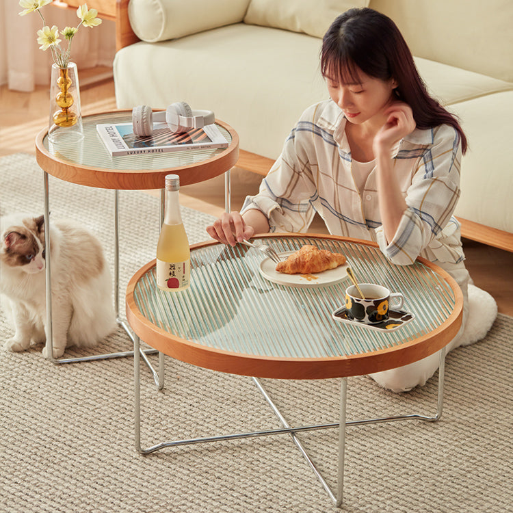 Elegant Cherry Wood & Glass Tea Table - Stylish Natural Finish for Modern Living Rooms fcp-1290
