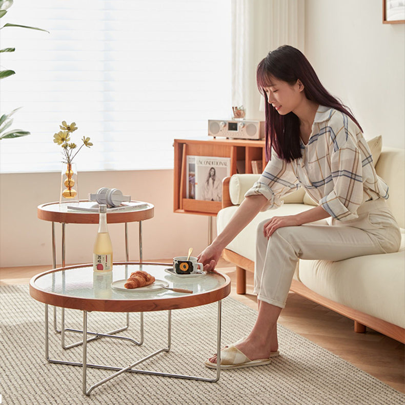 Elegant Cherry Wood & Glass Tea Table - Stylish Natural Finish for Modern Living Rooms fcp-1290