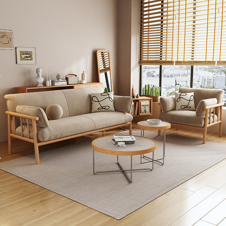 Modern Multi-Color Sofa with Faux Leather and Oak Wood Accents - Beige, Yellow, Gray, Blue, Green, Light Brown fcp-1293