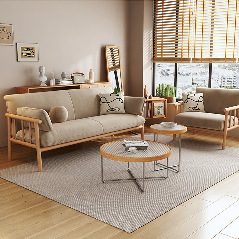 Modern Multi-Color Sofa with Faux Leather and Oak Wood Accents - Beige, Yellow, Gray, Blue, Green, Light Brown fcp-1293