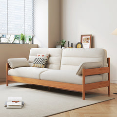 Elegant Cotton-Linen Sofa in White, Light Brown, and Gray with Cherry and Ash Wood Accents fcp-1299