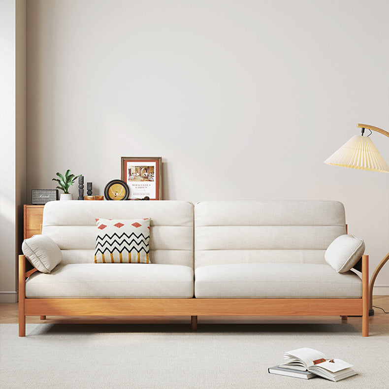 Elegant Cotton-Linen Sofa in White, Light Brown, and Gray with Cherry and Ash Wood Accents fcp-1299