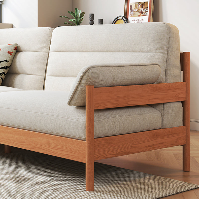 Elegant Cotton-Linen Sofa in White, Light Brown, and Gray with Cherry and Ash Wood Accents fcp-1299