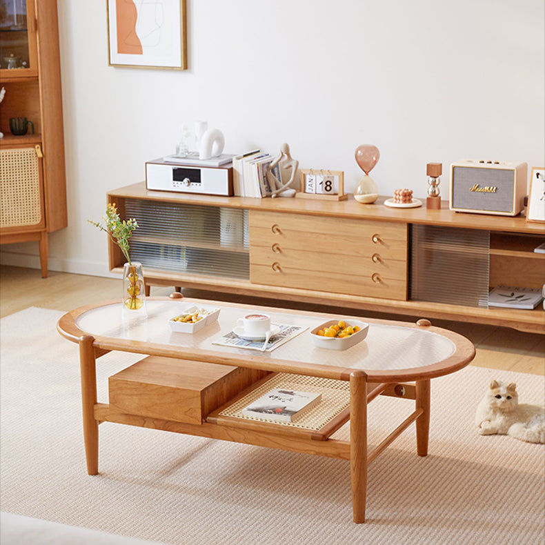 Elegant Natural Cherry Wood and Rattan Tea Table - Handcrafted Accent Furniture fcp-1320