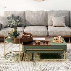 Elegant Solid Wood Tea Table with Green and White Glass Top fjnl-1587