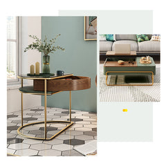 Elegant Solid Wood Tea Table with Green and White Glass Top fjnl-1587