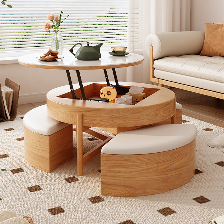 Elegant White and Brown Tea Table with Natural Wood and Ceramic Top fjnl-1599