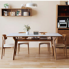 Elegant Brown Frame Table with Natural Sintered Stone and Glass Top, Ash Wood Design fmbs-010