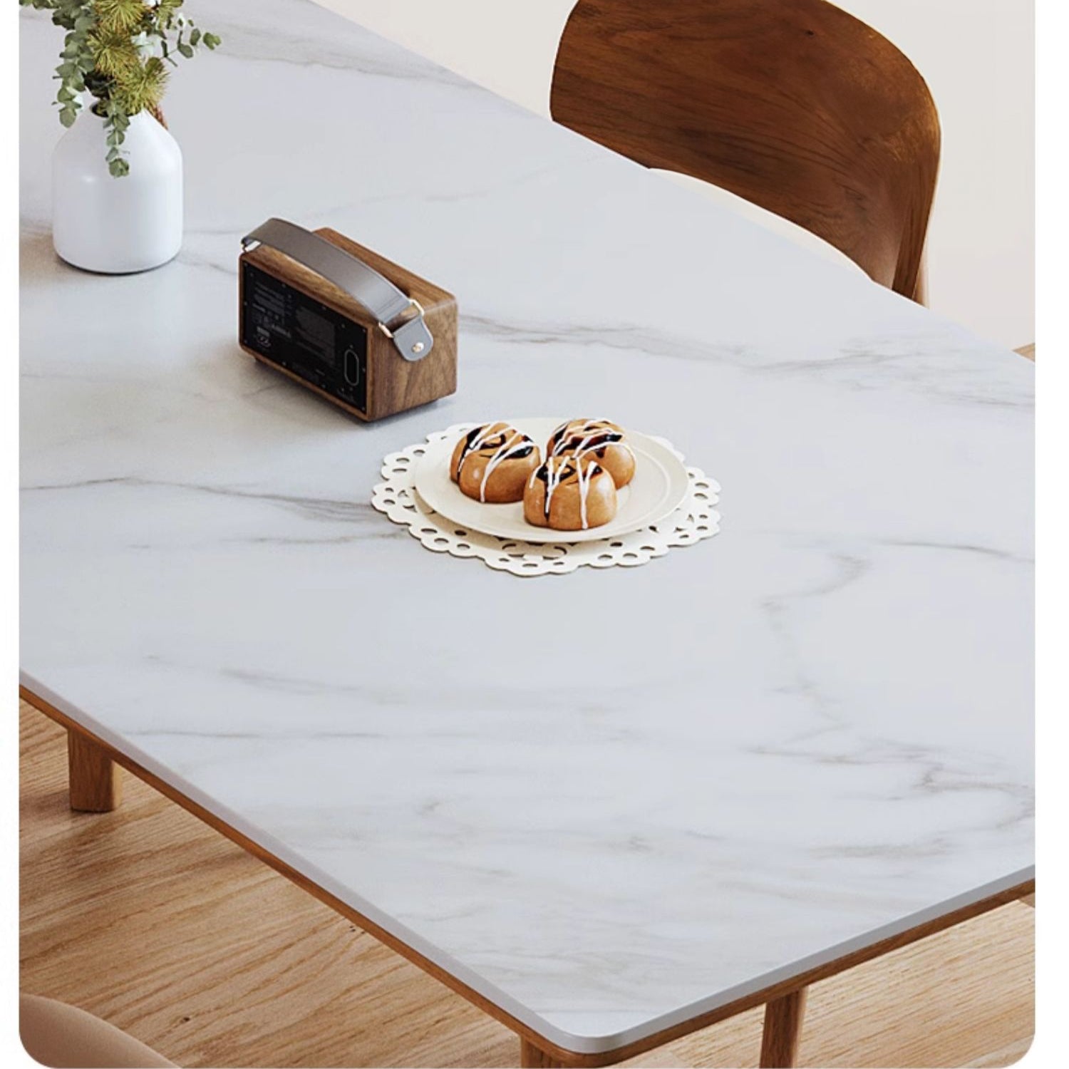 Elegant Brown Frame Table with Natural Sintered Stone and Glass Top, Ash Wood Design fmbs-010