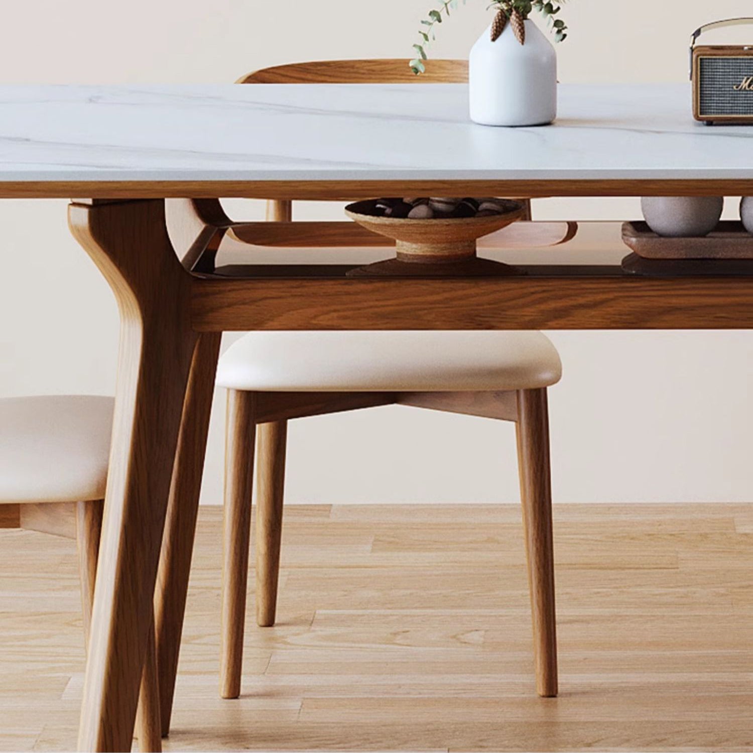 Elegant Brown Frame Table with Natural Sintered Stone and Glass Top, Ash Wood Design fmbs-010