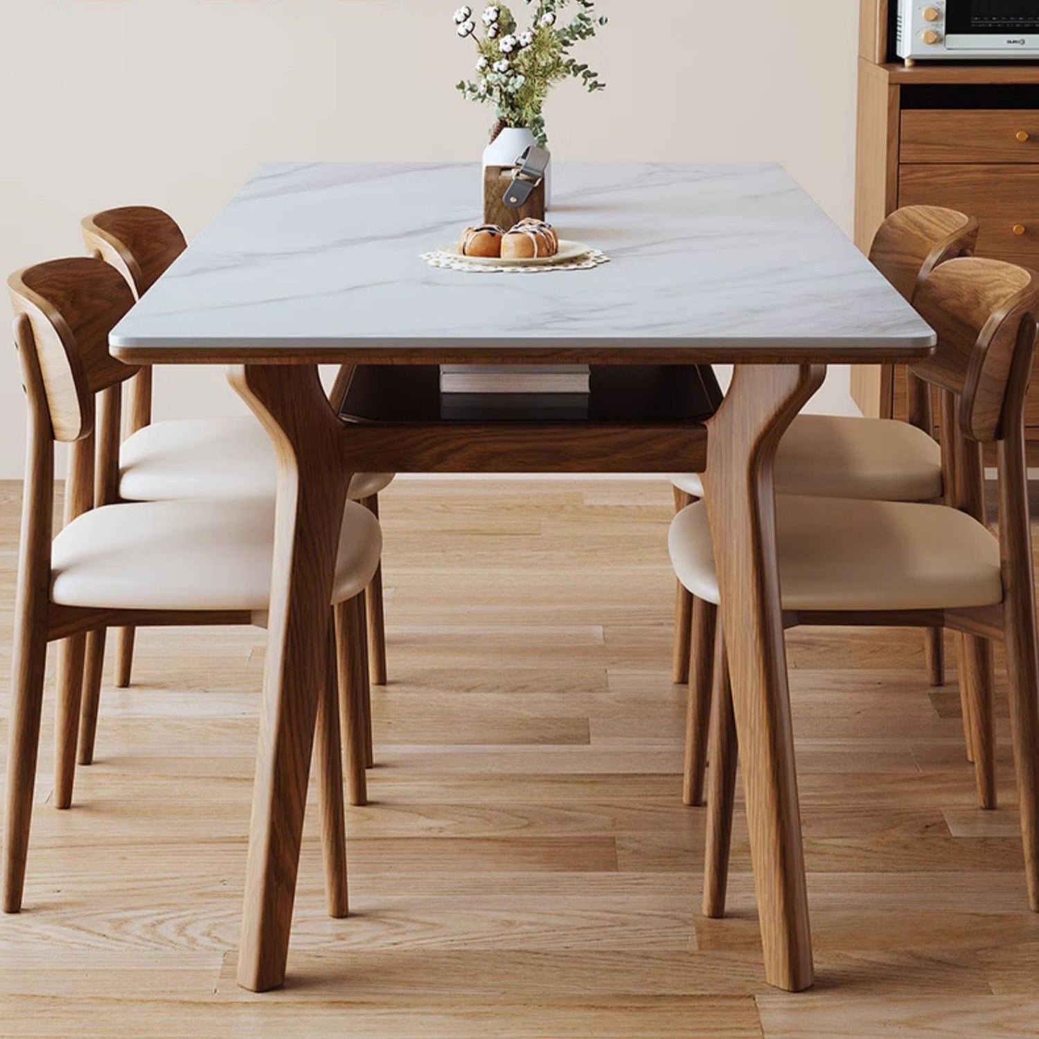Elegant Brown Frame Table with Natural Sintered Stone and Glass Top, Ash Wood Design fmbs-010