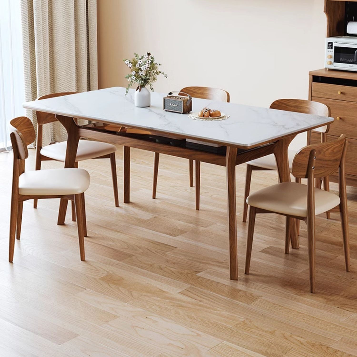 Elegant Brown Frame Table with Natural Sintered Stone and Glass Top, Ash Wood Design fmbs-010