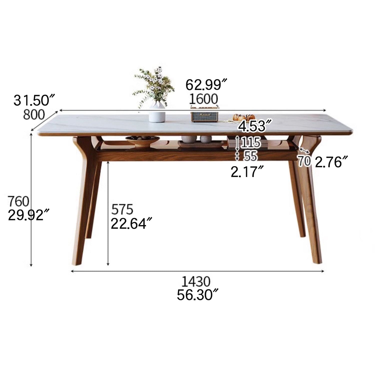 Elegant Brown Frame Table with Natural Sintered Stone and Glass Top, Ash Wood Design fmbs-010