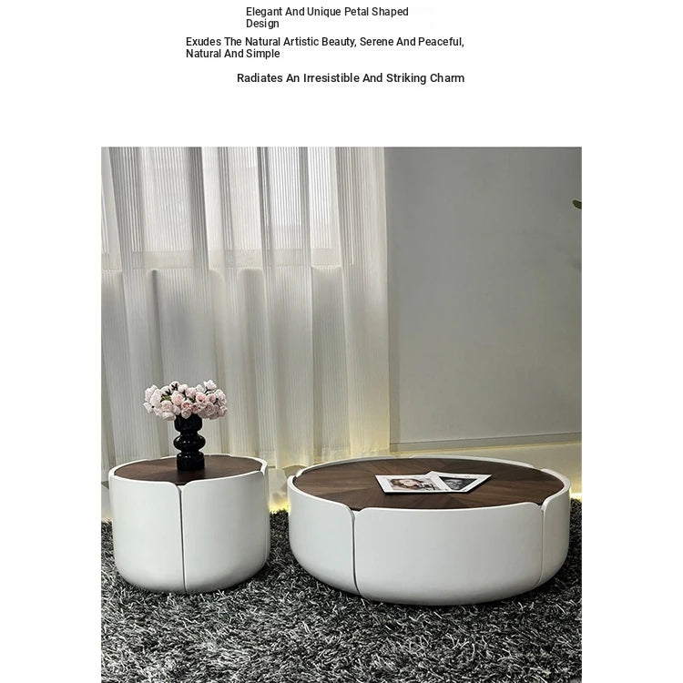 Modern Round Coffee Table with Walnut Top and Stylish Beige Base – Perfect for Living Room Décor fme-3127