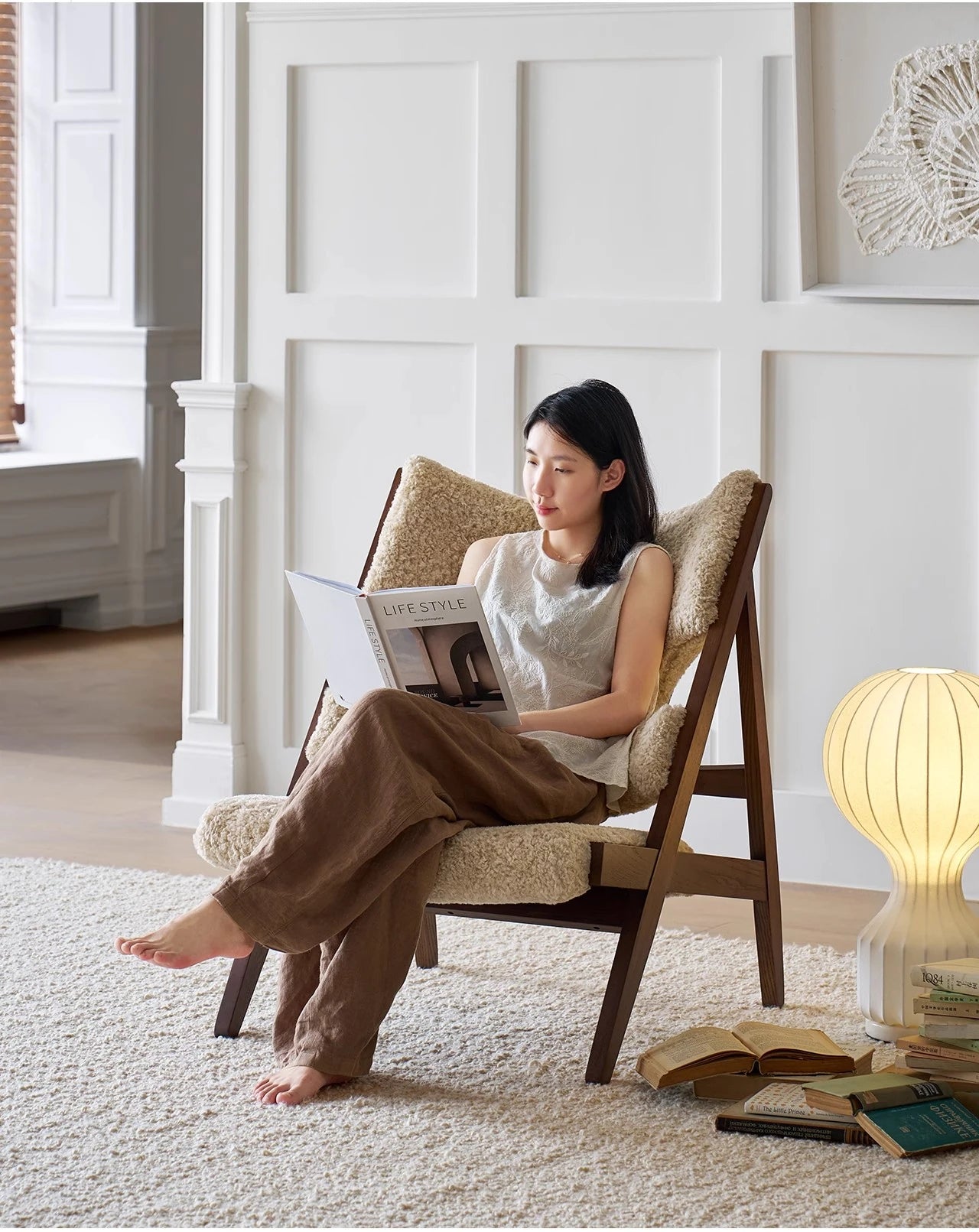 Stylish Cashmere Ash Wood Chair for Cozy Living Spaces - Perfect for Reading and Relaxation fme-3136