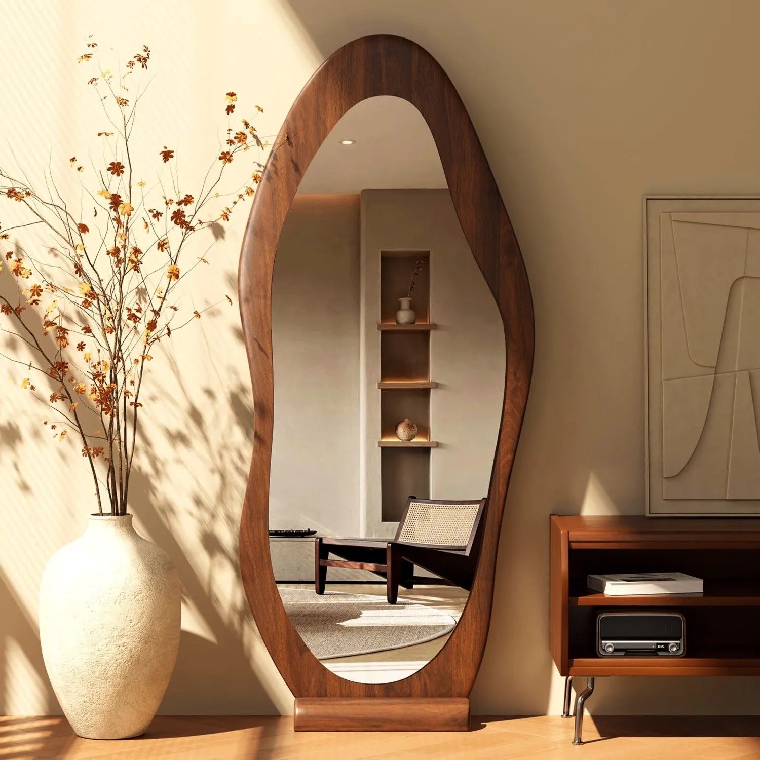 Mirror Brown Black Glass Solid wood fnls-6523