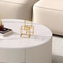 Elegant Modern Sintered Stone and Wood Tea Table with Metal & PU Leather Accents - Gray, White, Brown frg-502