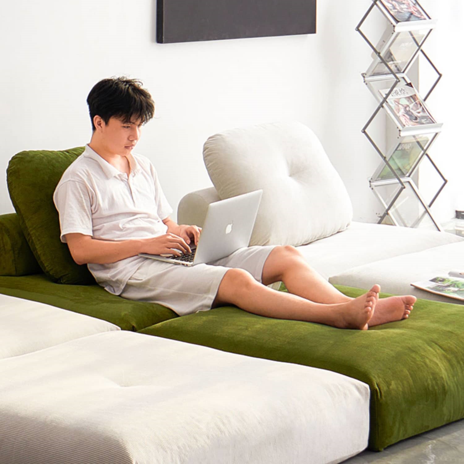 Cozy Down-Filled Corduroy Sofa in Beige, Red, and Green fwlp-938