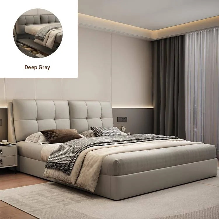 Bed Khaki Beige Light gray Dark gray Cowhide Leather Pine Solid wood Multi-layer board Synthetic leather fxbl-6384