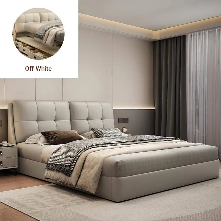 Bed Khaki Beige Light gray Dark gray Cowhide Leather Pine Solid wood Multi-layer board Synthetic leather fxbl-6384