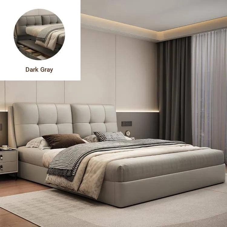 Bed Khaki Beige Light gray Dark gray Cowhide Leather Pine Solid wood Multi-layer board Synthetic leather fxbl-6384