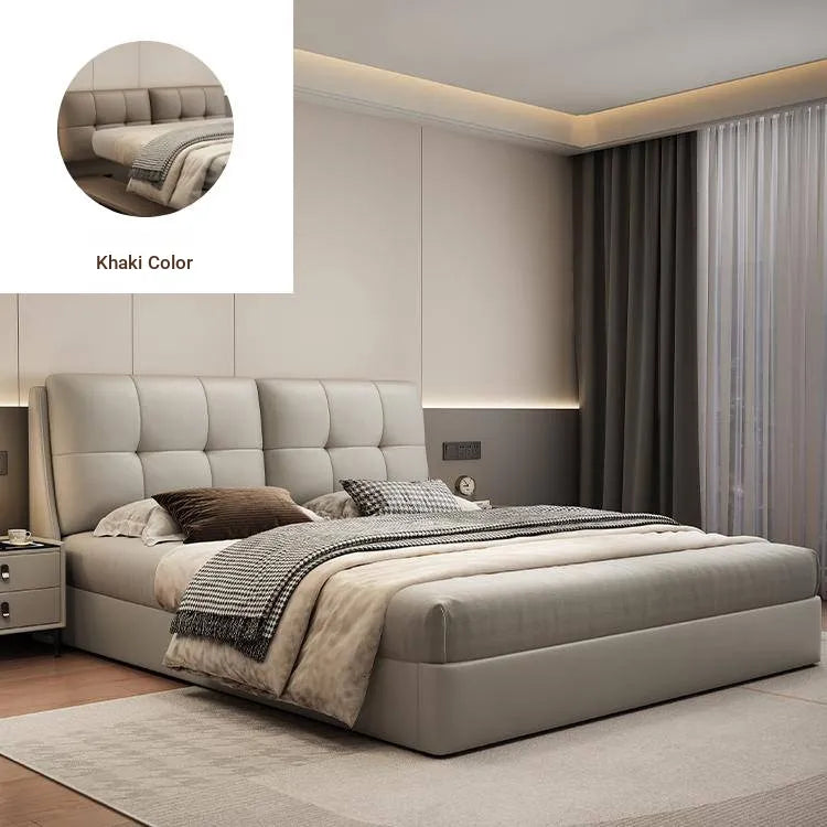 Bed Khaki Beige Light gray Dark gray Cowhide Leather Pine Solid wood Multi-layer board Synthetic leather fxbl-6384