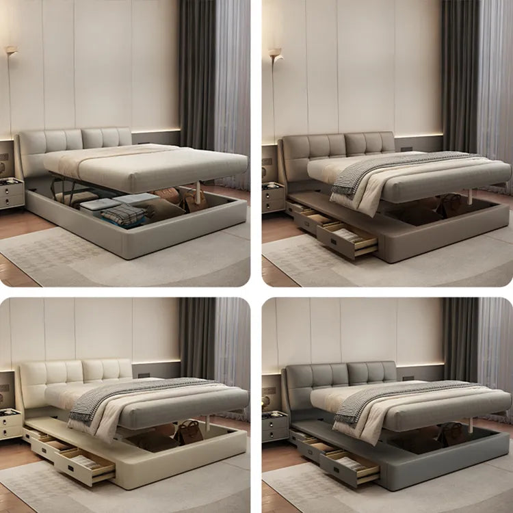 Bed Khaki Beige Light gray Dark gray Cowhide Leather Pine Solid wood Multi-layer board Synthetic leather fxbl-6384