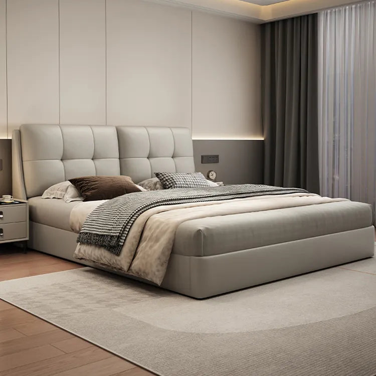 Bed Khaki Beige Light gray Dark gray Cowhide Leather Pine Solid wood Multi-layer board Synthetic leather fxbl-6384