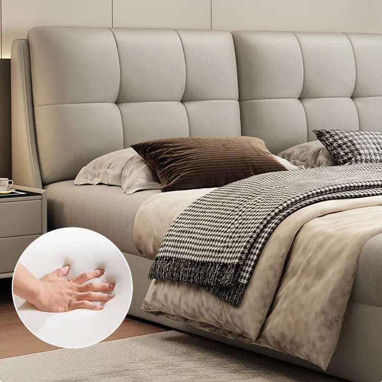 Bed Khaki Beige Light gray Dark gray Cowhide Leather Pine Solid wood Multi-layer board Synthetic leather fxbl-6384